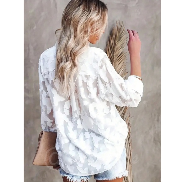 White Casual Floral Textured Shirt Sheer Button Front Down Up Long Sleeve - Picture 3 of 14